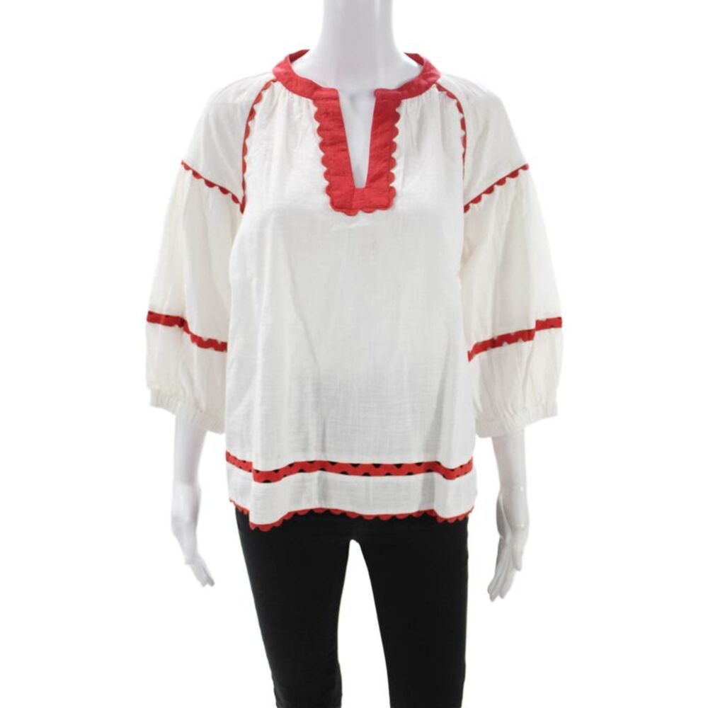 Rose And Rose Womens Tunic Blouse V-Neck 3/4 Sleeve Cotton White Size L